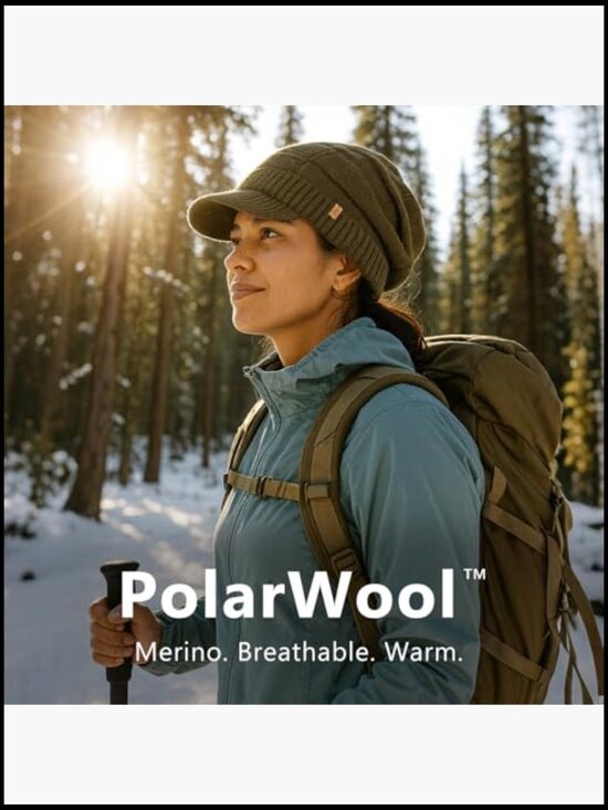 100% Merino Wool Fleece Lined Slouchy Beanie with Brim for Men Women main image 7